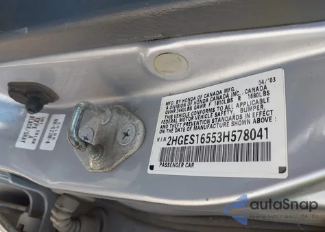 2003 Honda Civic Lx z USA, uszkodzony, nr VIN 2HGES16553H578041